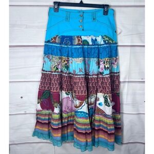Julie G Skirt Womens L Blue Patchwork Boho Prairie Maxi Pockets Cotton‎ Circle